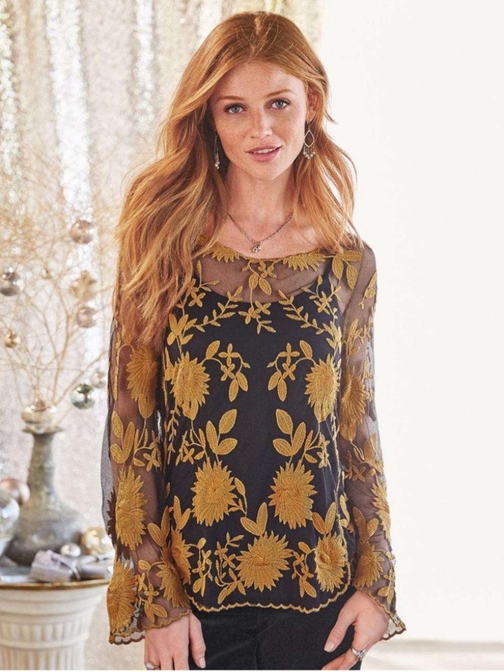 Sundance Goldenrod embroidered lace sheer floral blouse size Small